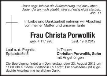 Traueranzeige von Christa Porwollik von Pegnitz-Zeitung